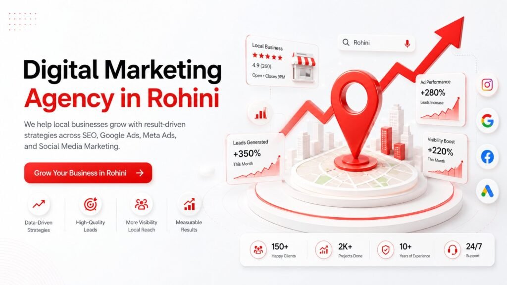 Digital marketing agency in Rohini helping local businesses grow through SEO, Google Ads, Meta Ads, and social media marketing with measurable results and increased local visibility.
